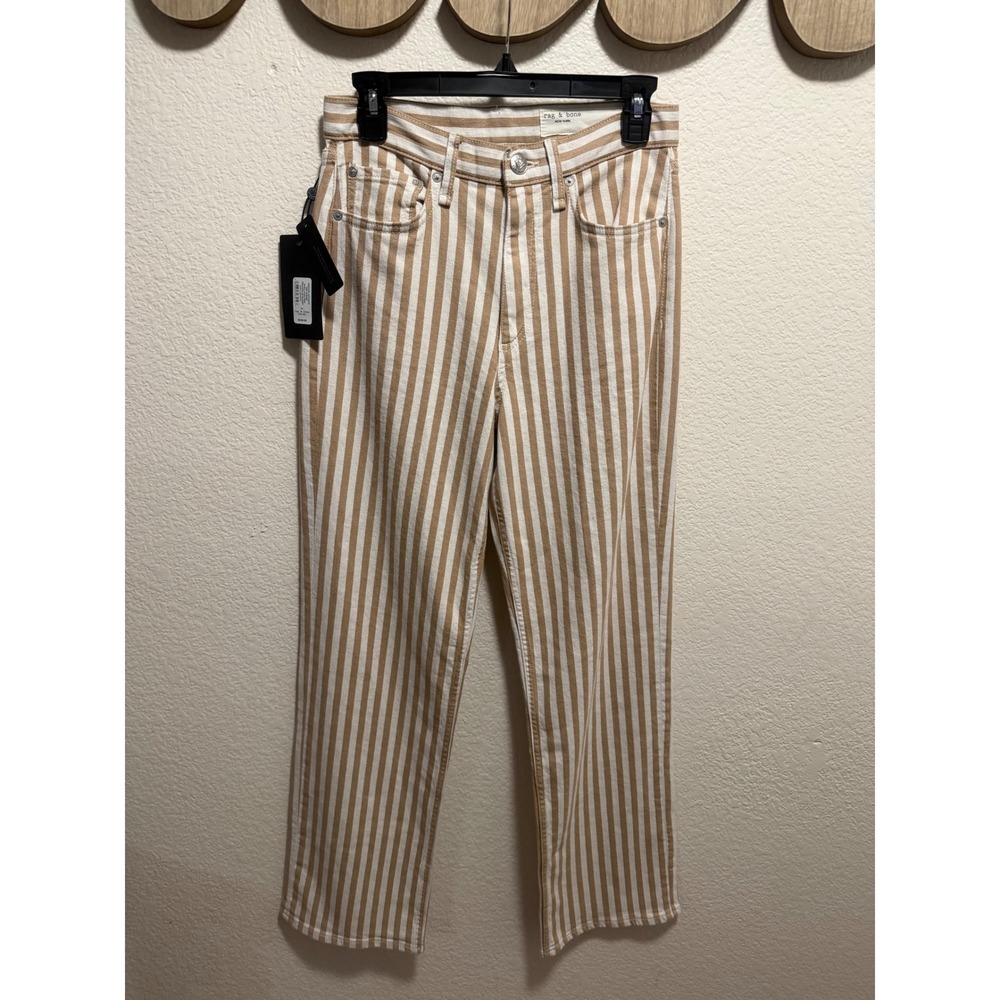 Rag & Bone The Shea High-Rise Relaxed Straight Striped Jeans Tan White 26